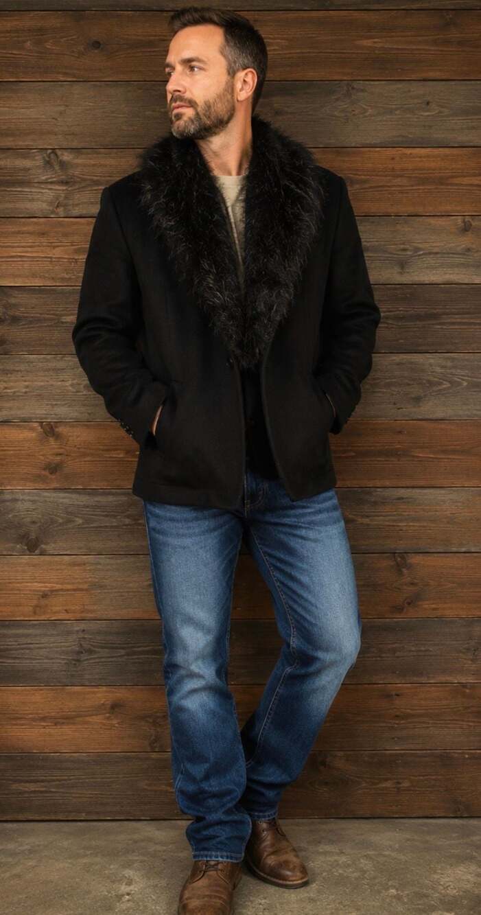 VSKA Men’s Black Wool Blend Blazer Jacket with Faux Fur Collar